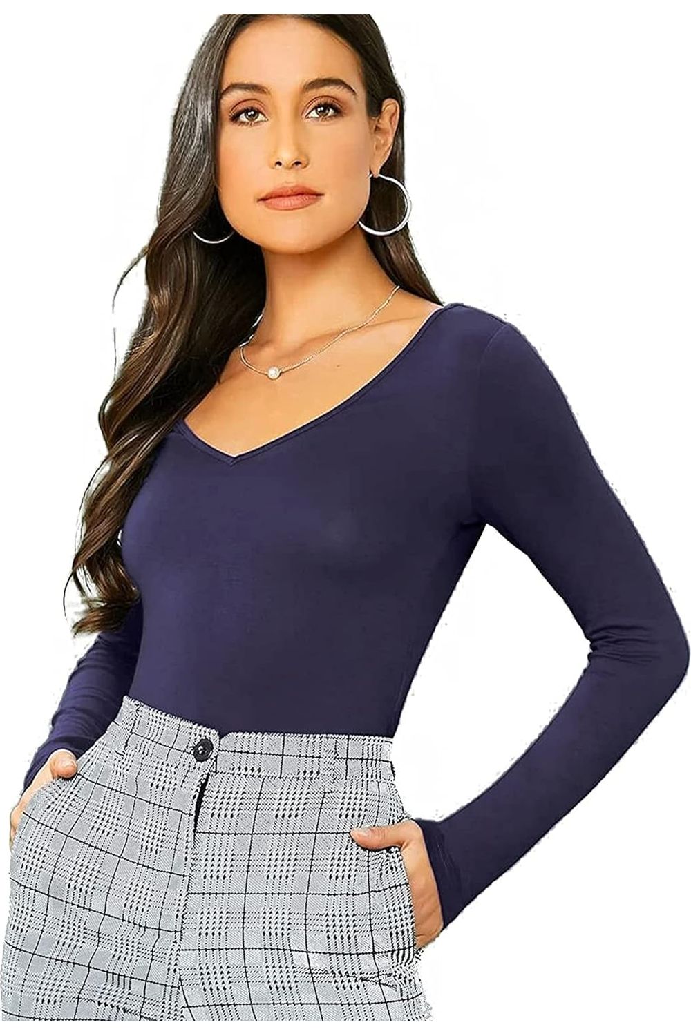 Navy Blue Plus Size Long Sleeve V Neck Top For Women 24-26 - Dropwear