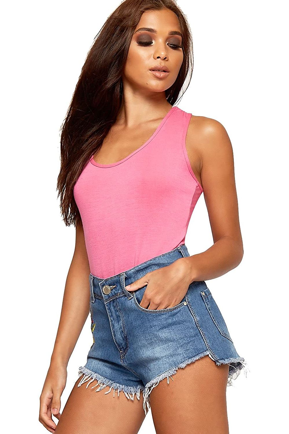 Coral Solid Round Neck Fitted Tank Bodysuits - Basics For Women 8-10 - Dropwear