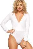 Wrap Over V Neck Plunge Long Sleeve Bodysuit For Women  - Dropwear