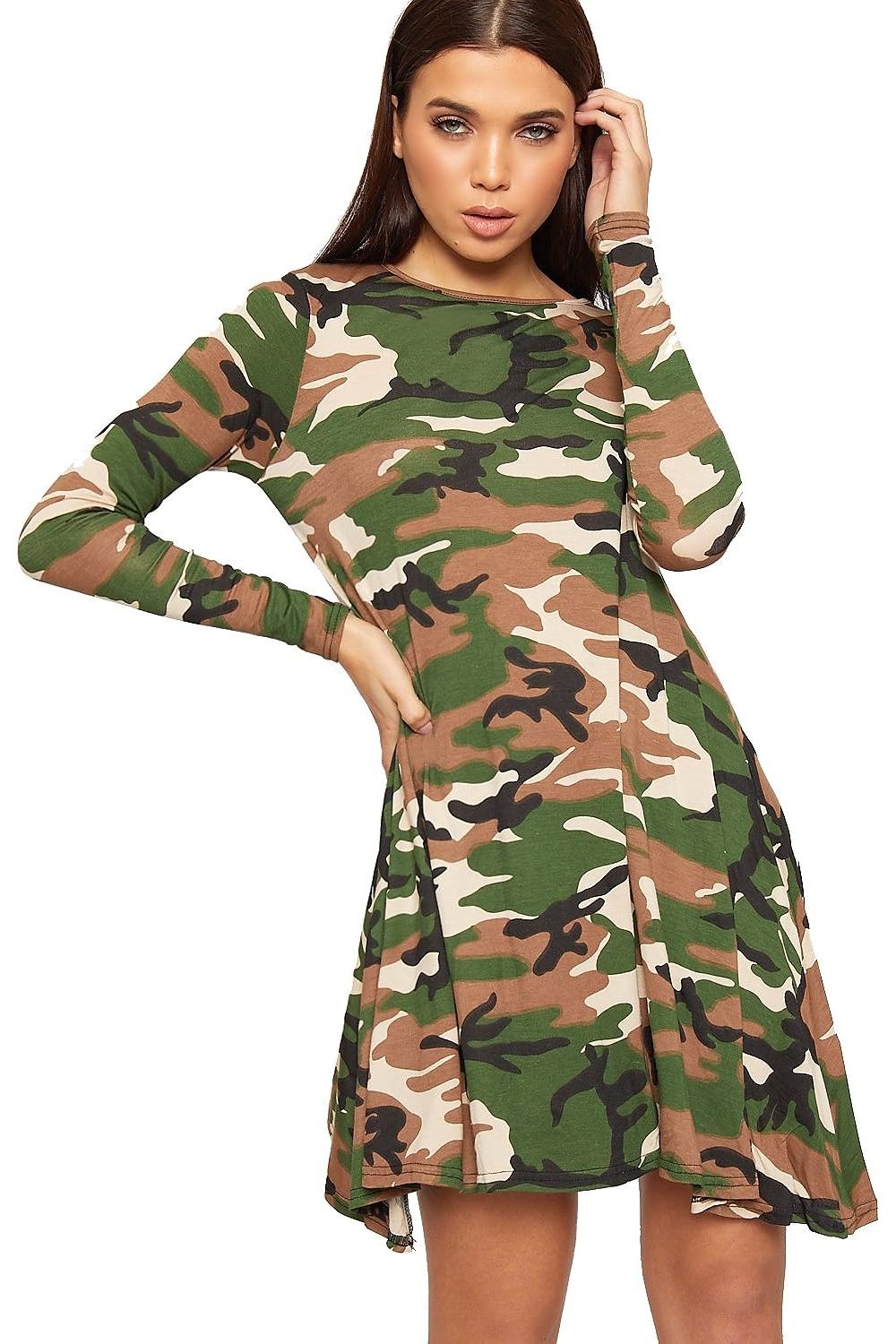 Army Plus Size Army Print Long Sleeve Swing Dress Top For Women 16-18 - Dropwear