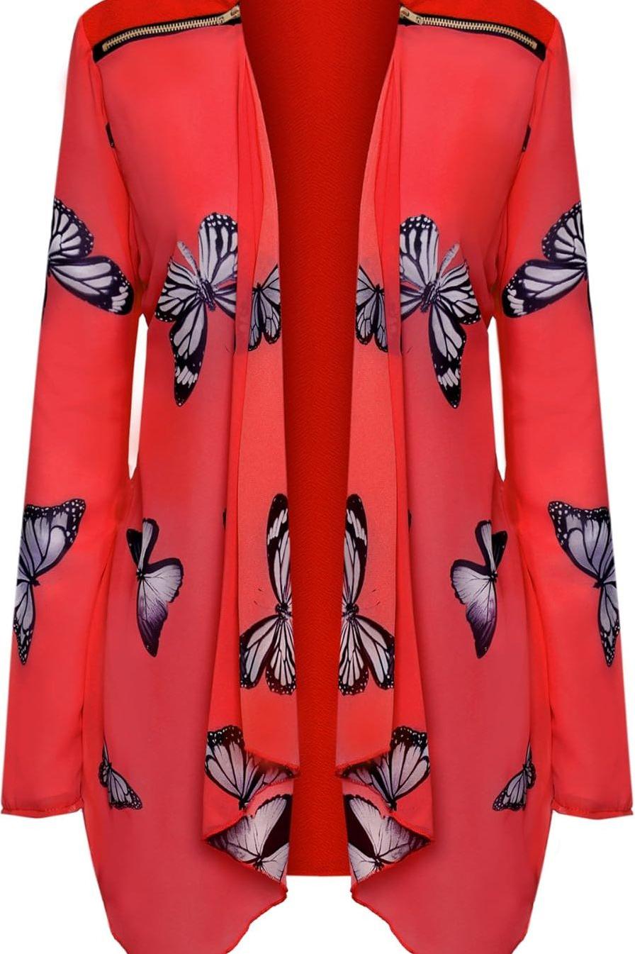 Peach Chiffon Butterfly Print Sheer Cardigan Top For Women 16 - Dropwear