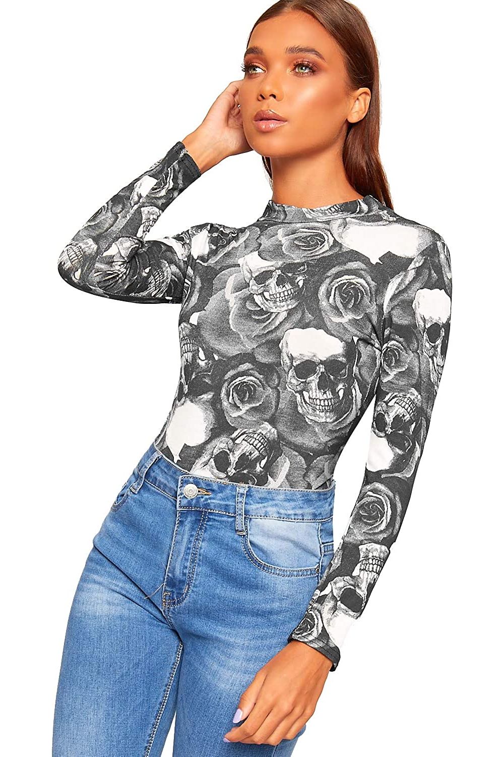 Skull Roses Plus Size Long Sleeve Bodysuit Turtle Neck Skull And Roses For Women 20-22 - Dropwear
