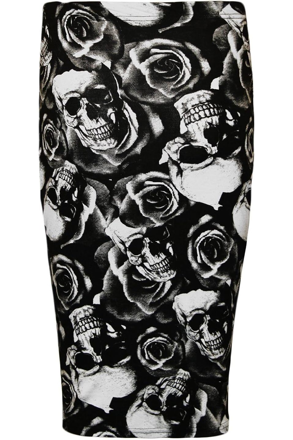 Skull Roses Printed Stretch Pencil Midi Skirt For Women 8-10 - Dropwear