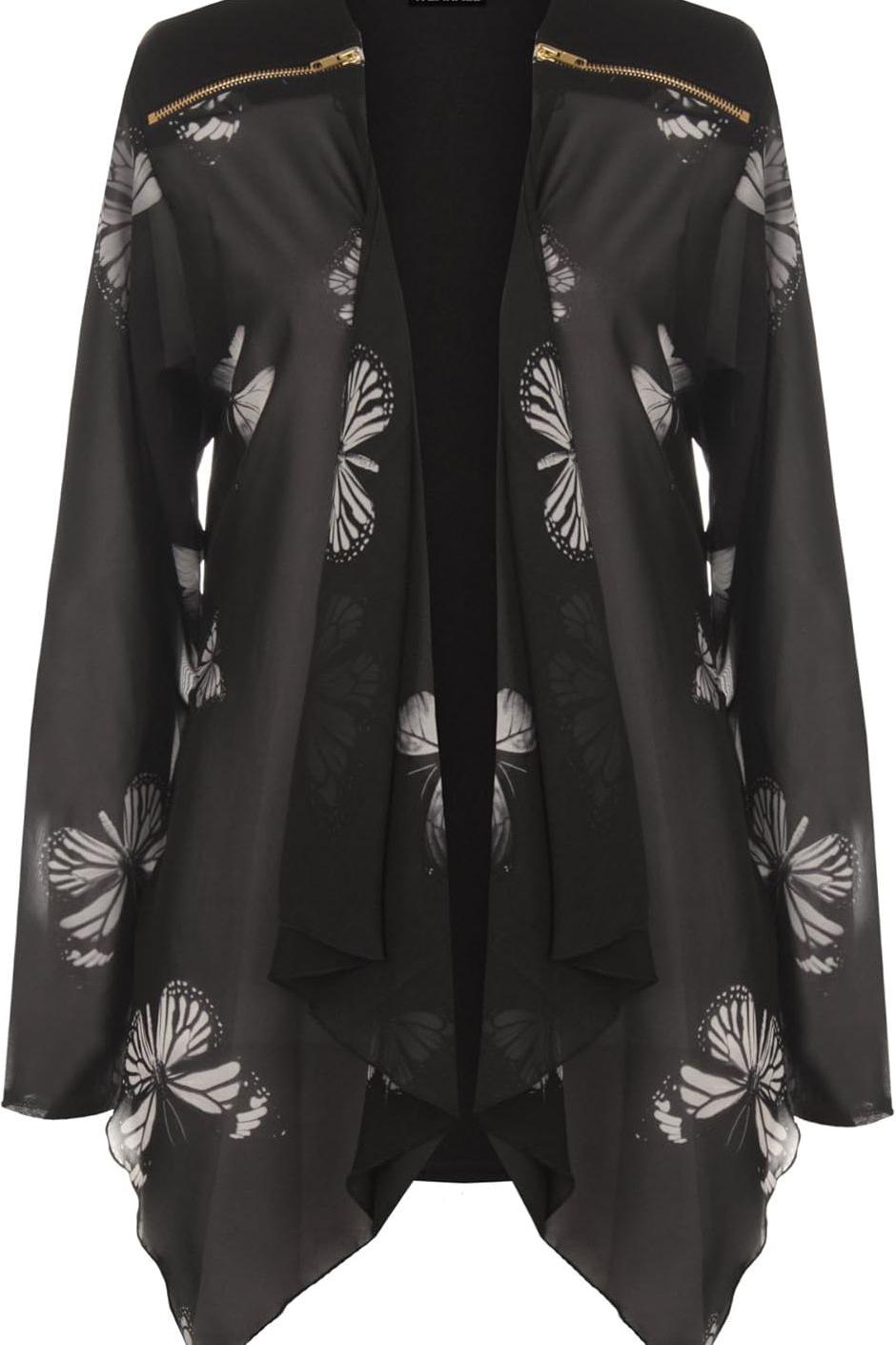 Cream Chiffon Butterfly Print Sheer Cardigan Top For Women 18 - Dropwear