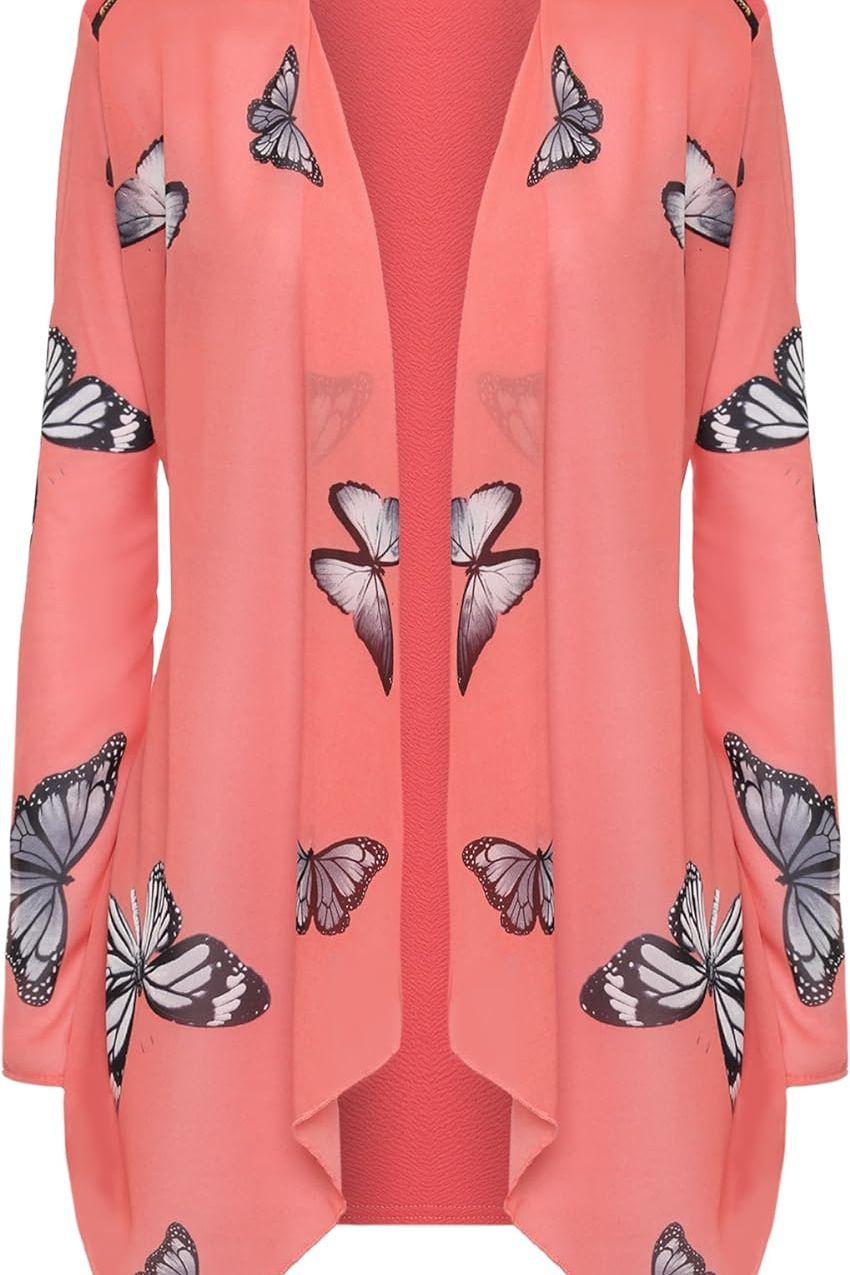 Cream Chiffon Butterfly Print Sheer Cardigan Top For Women 22-24 - Dropwear