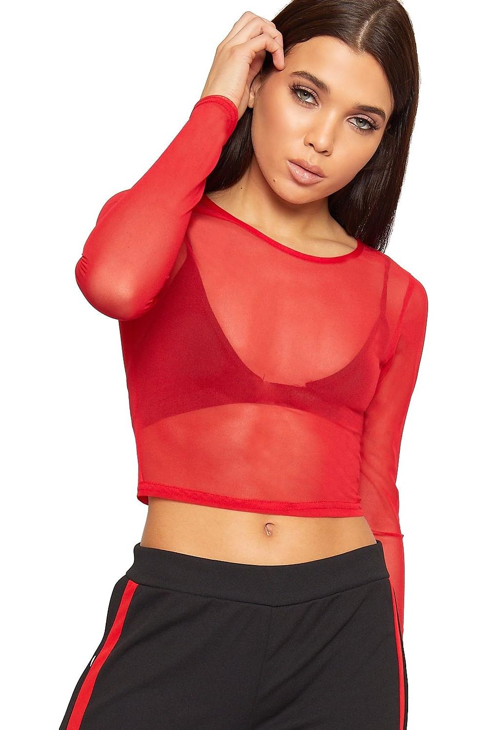 Mocha Sheer Mesh Long Sleeve Crop Top For Women 12-14 - Dropwear