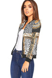 Black White Baroque Leopard Scarf Print Bomber Jacket For Women 12-14 - Dropwear
