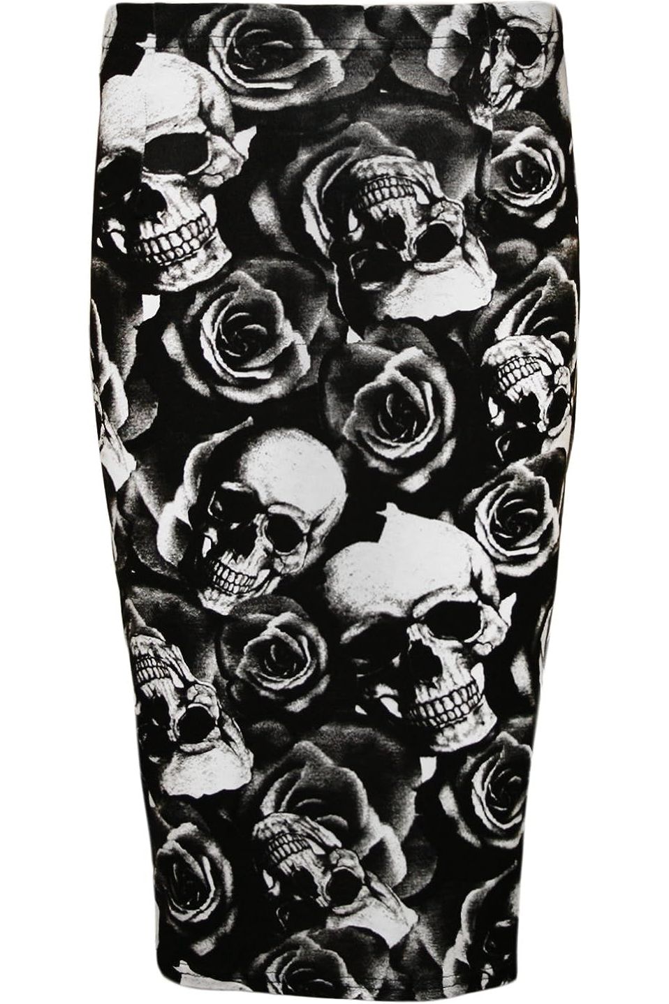 Skull Roses Printed Stretch Pencil Midi Skirt For Women 12-14 - Dropwear