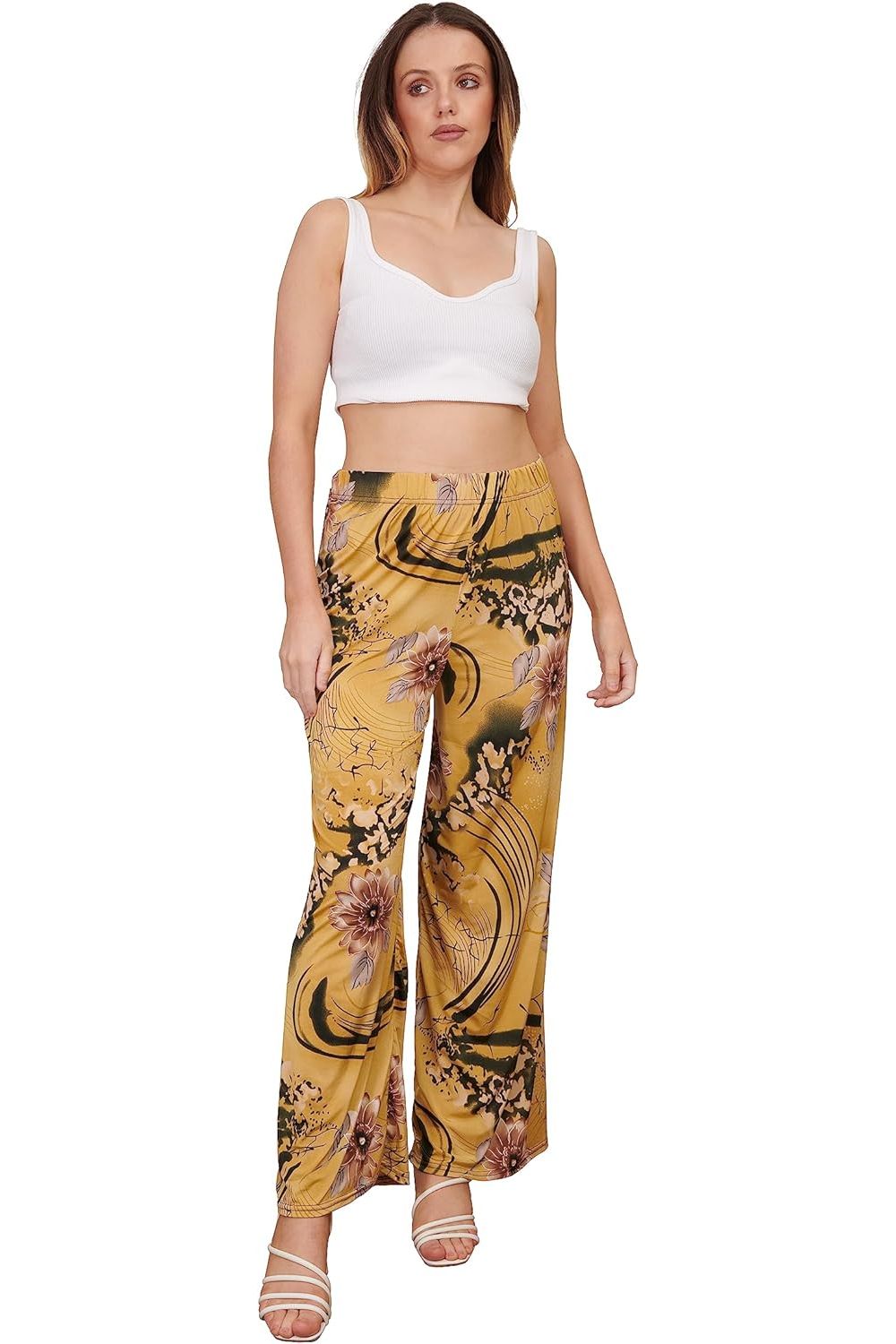 Camel Camel Floral Print Palazzo Trouser For Women 12-14 - Dropwear
