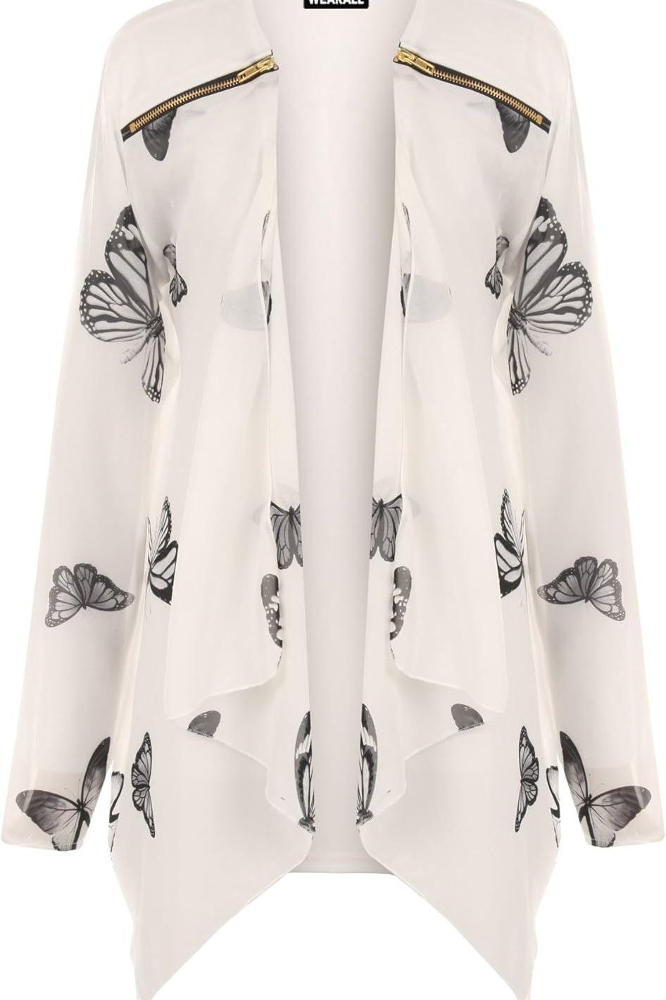 Cream Chiffon Butterfly Print Sheer Cardigan Top For Women 26-28 - Dropwear