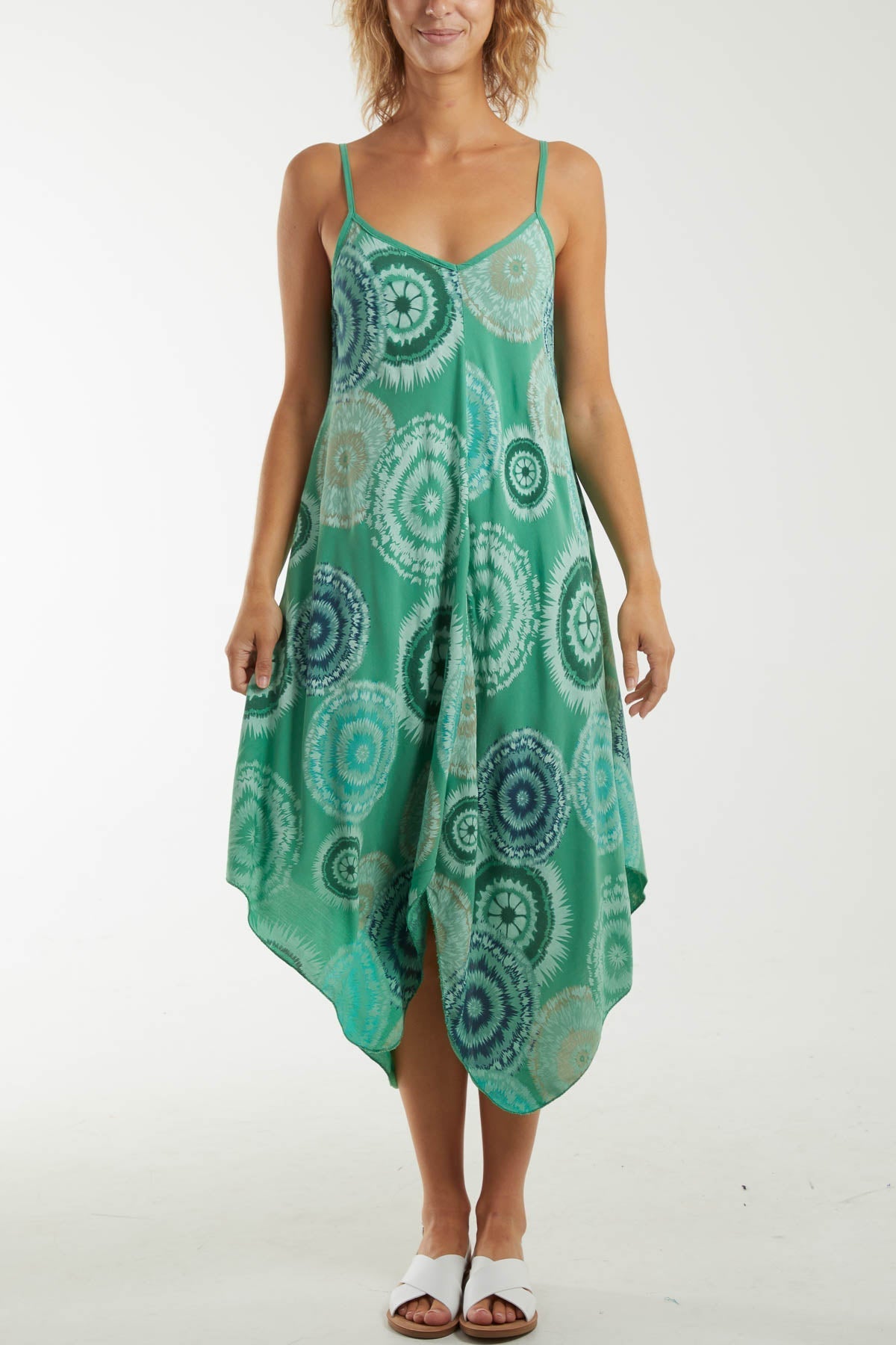 Turquoise Kaleidoscope Hanky Hem Cami Dress For Women ONE SIZE - Dropwear