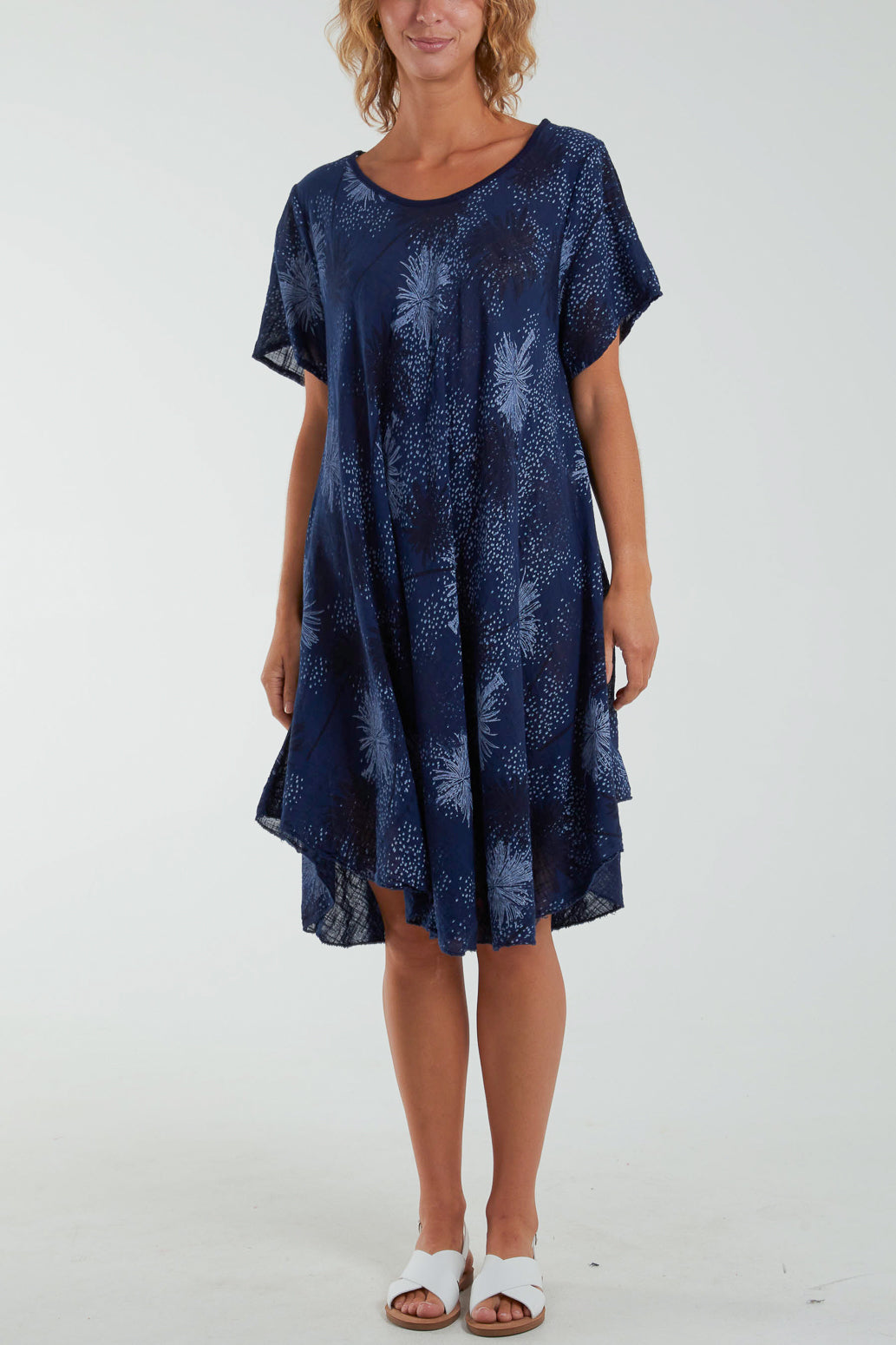 Royal Blue Palm Tree Short Sleeve Midi Dress For Women ONE SIZE - Dropwear