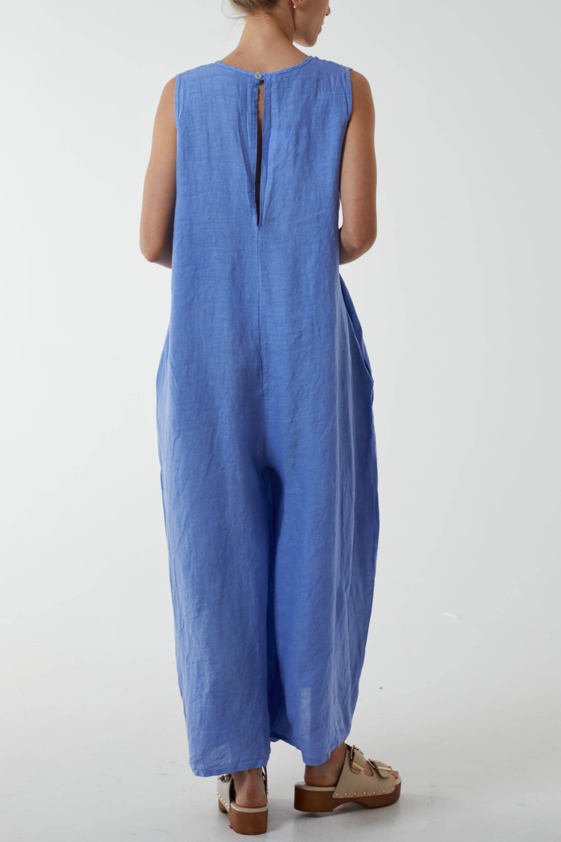 Navy Linen Sleeveless Jumpsuit For Women ONE SIZE - Dropwear