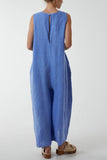 Navy Linen Sleeveless Jumpsuit For Women ONE SIZE - Dropwear