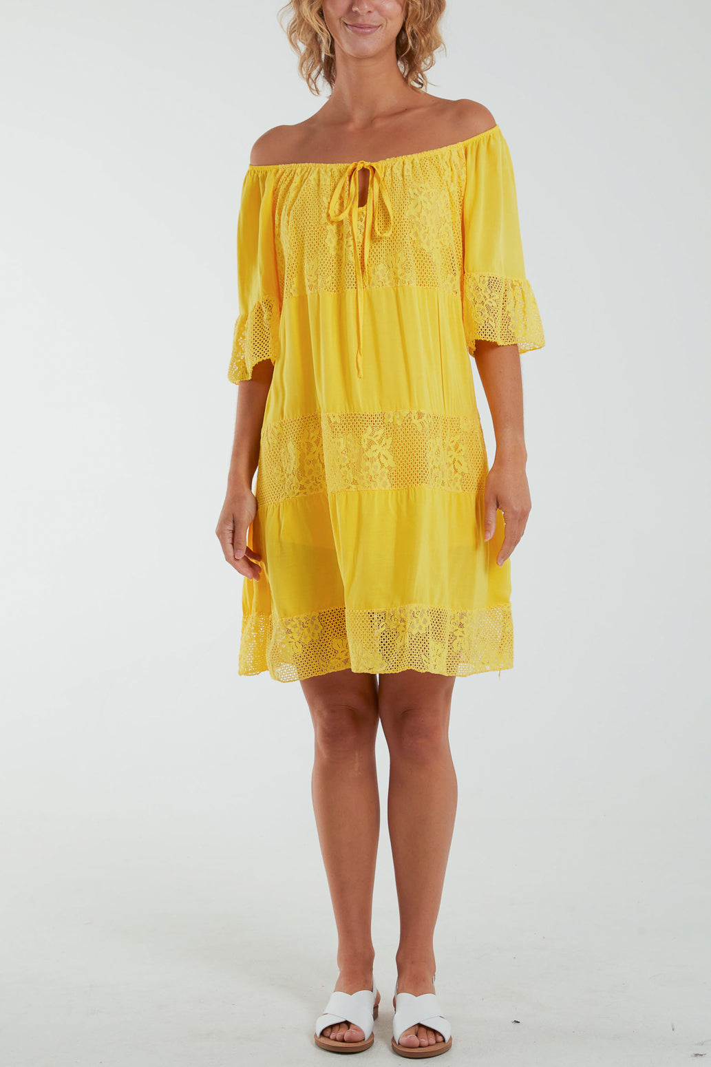 Scoop Neck Tie Lace Tiered Midi Dress For Women  - Dropwear