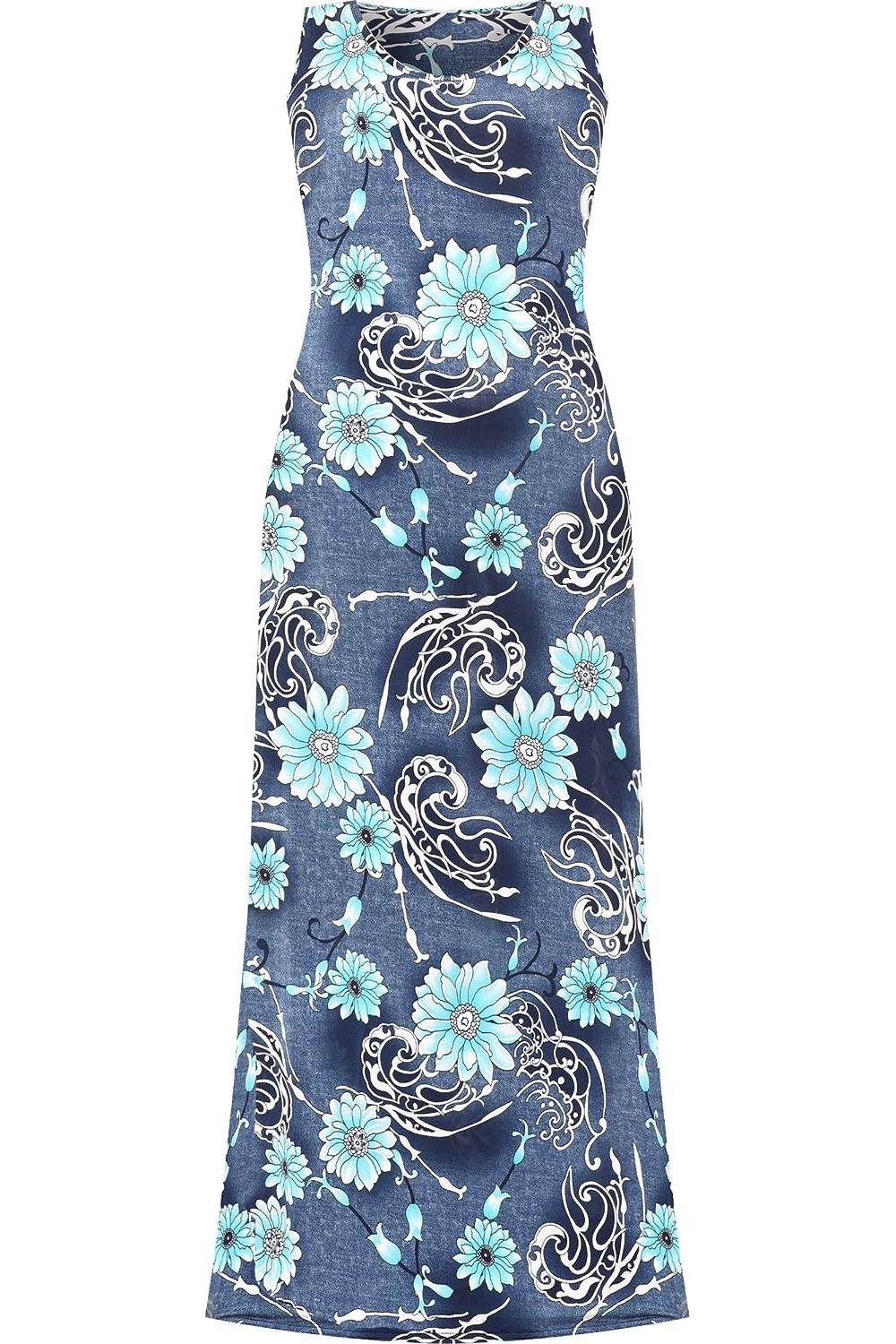 Blue Denim Look Print Sleeveless Maxi Dress For Women 20 - Dropwear