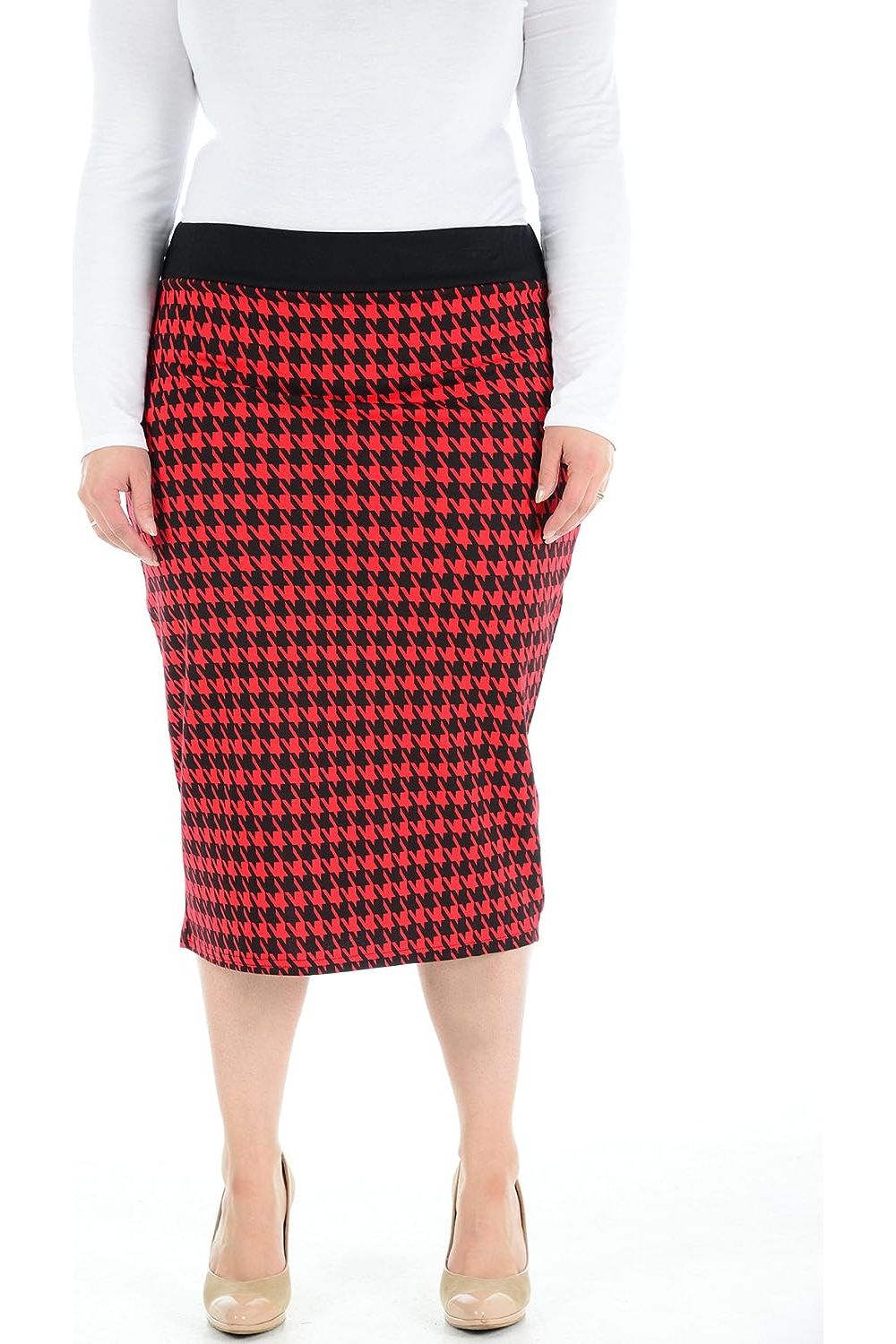 Grey Plus Size Midi Skirt Dogtooth For Women 16-18 - Dropwear