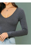 Dark Grey Plus Size Long Sleeve V Neck Top For Women 16-18 - Dropwear