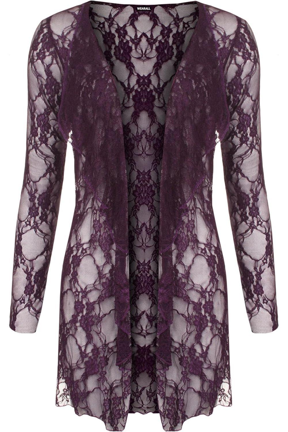 Wine Floral Lace Open Cardigan Waterfall Top For Women 22-24 - Dropwear