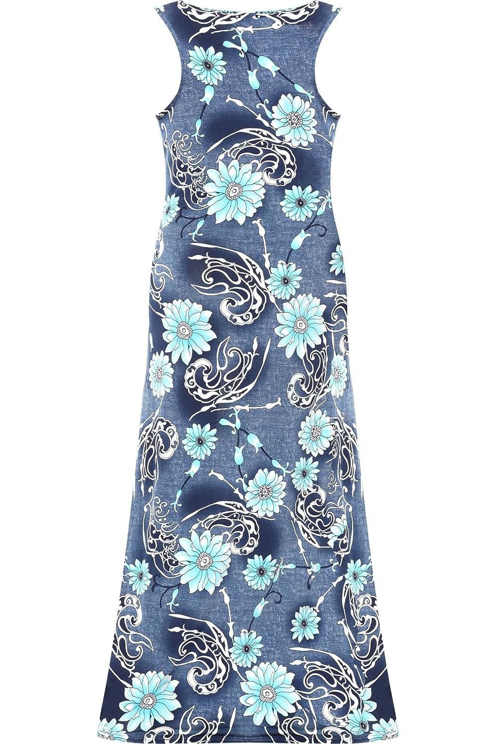 Blue Denim Look Print Sleeveless Maxi Dress For Women 22-24 - Dropwear