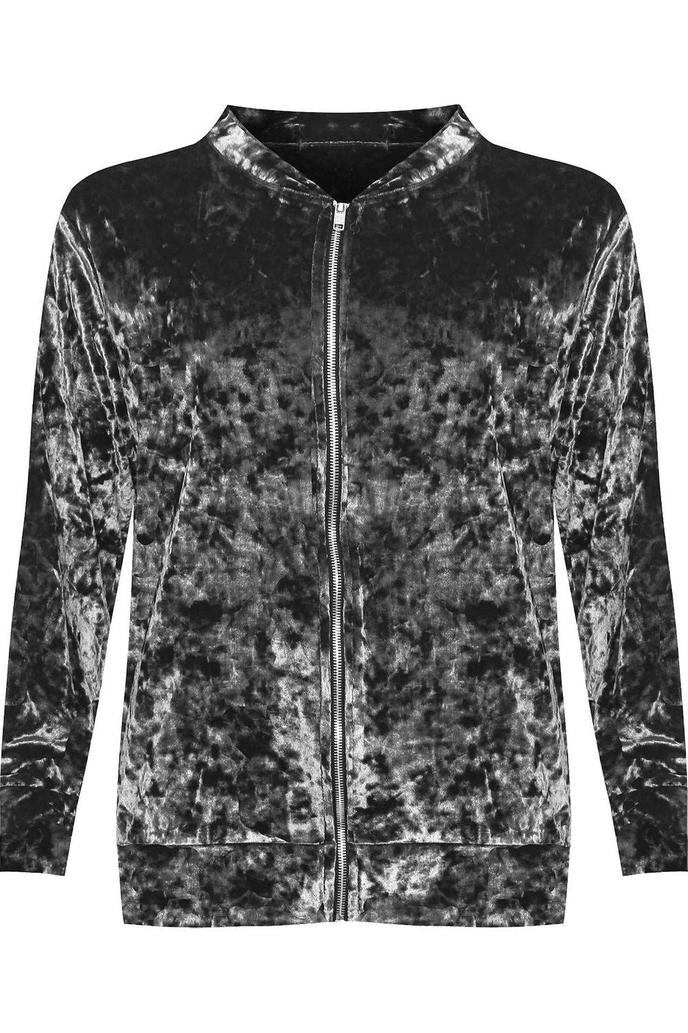 Grey Long Sleeve Velour Velvet Bomber Jacket For Women 26-28 - Dropwear