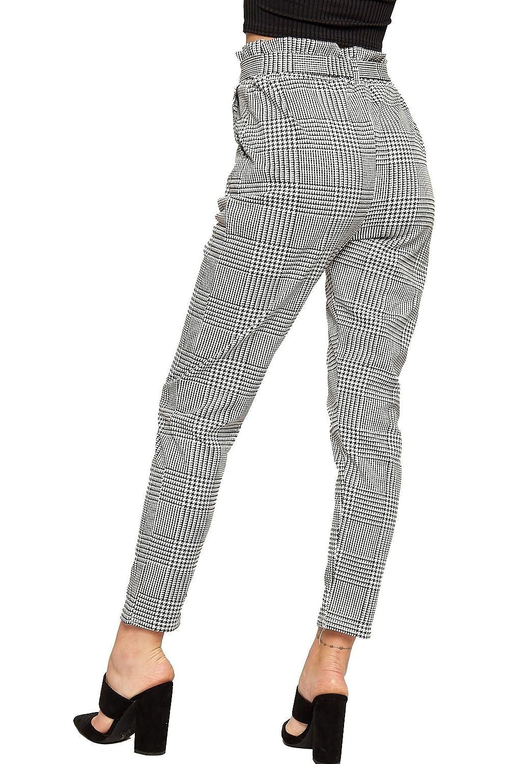 Black White Paperbag Tartan Checked Print Trouser For Women 12 - Dropwear