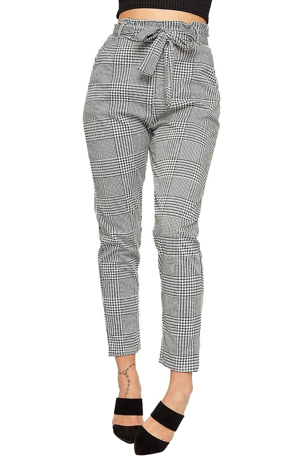 Black White Paperbag Tartan Checked Print Trouser For Women 14 - Dropwear