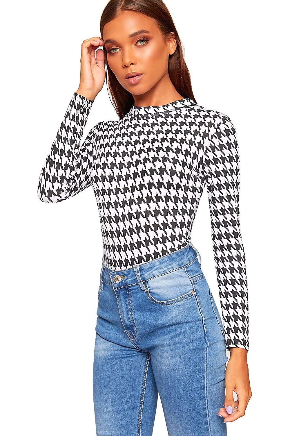 Dogtooth Plus Size Long Sleeve Bodysuit Turtle Neck Dogtooth For Women 20-22 - Dropwear