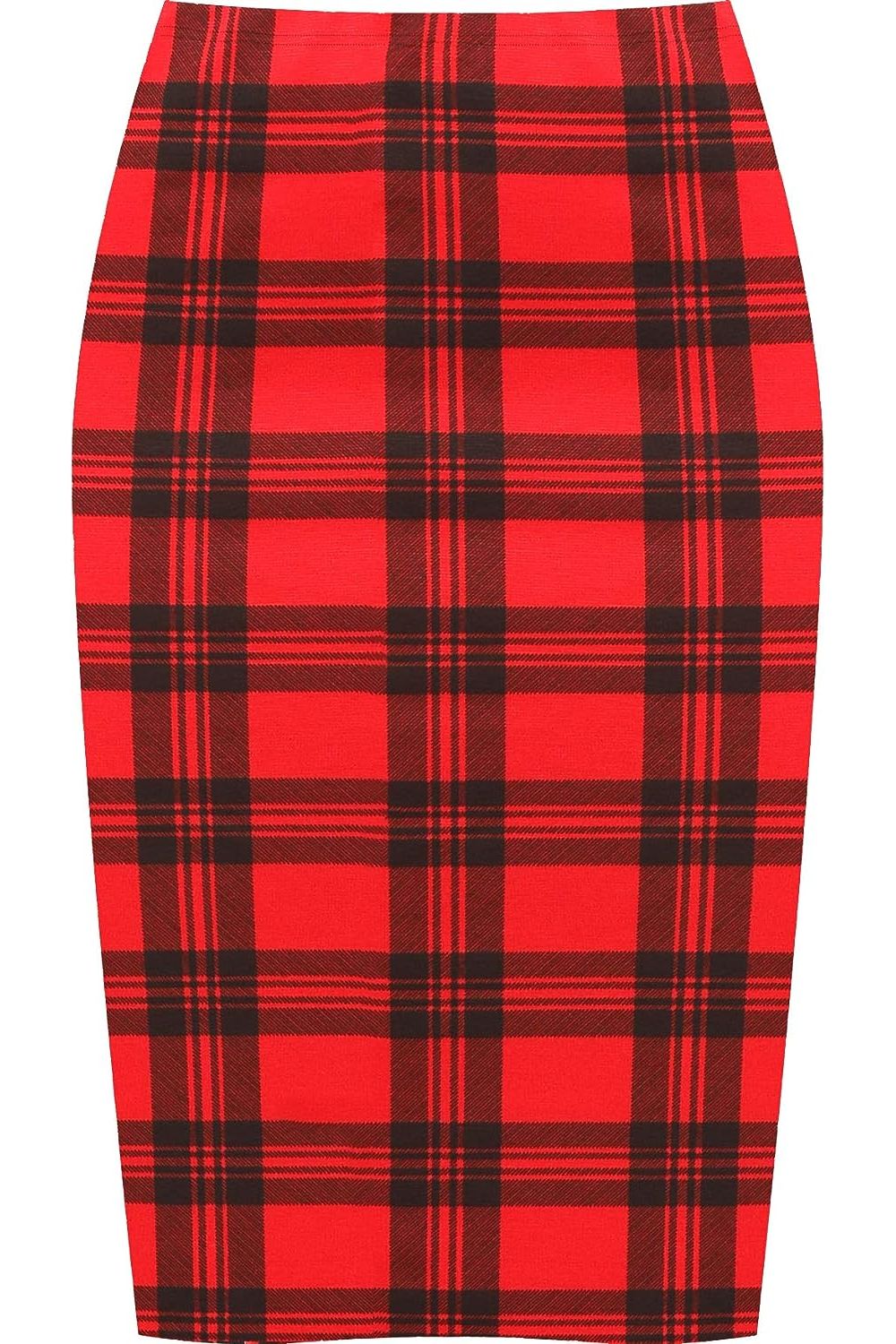 Red Tartan Printed Stretch Pencil Midi Skirt For Women 8-10 - Dropwear