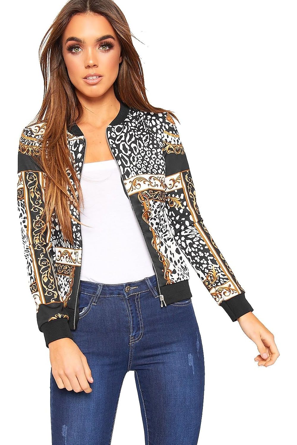 Baroque Leopard Scarf Print Bomber Jacket For Women  - Dropwear
