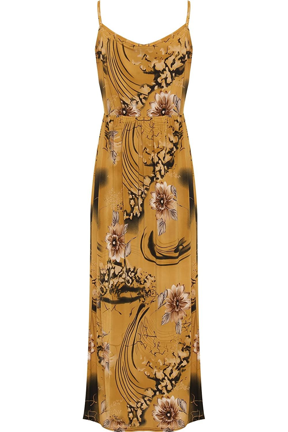 Camel Plus Size Strappy Floral Print Frill Maxi Dress For Women 16 - Dropwear