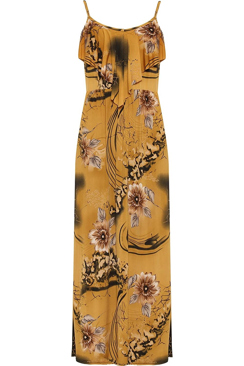 Camel Plus Size Strappy Floral Print Frill Maxi Dress For Women 14 - Dropwear