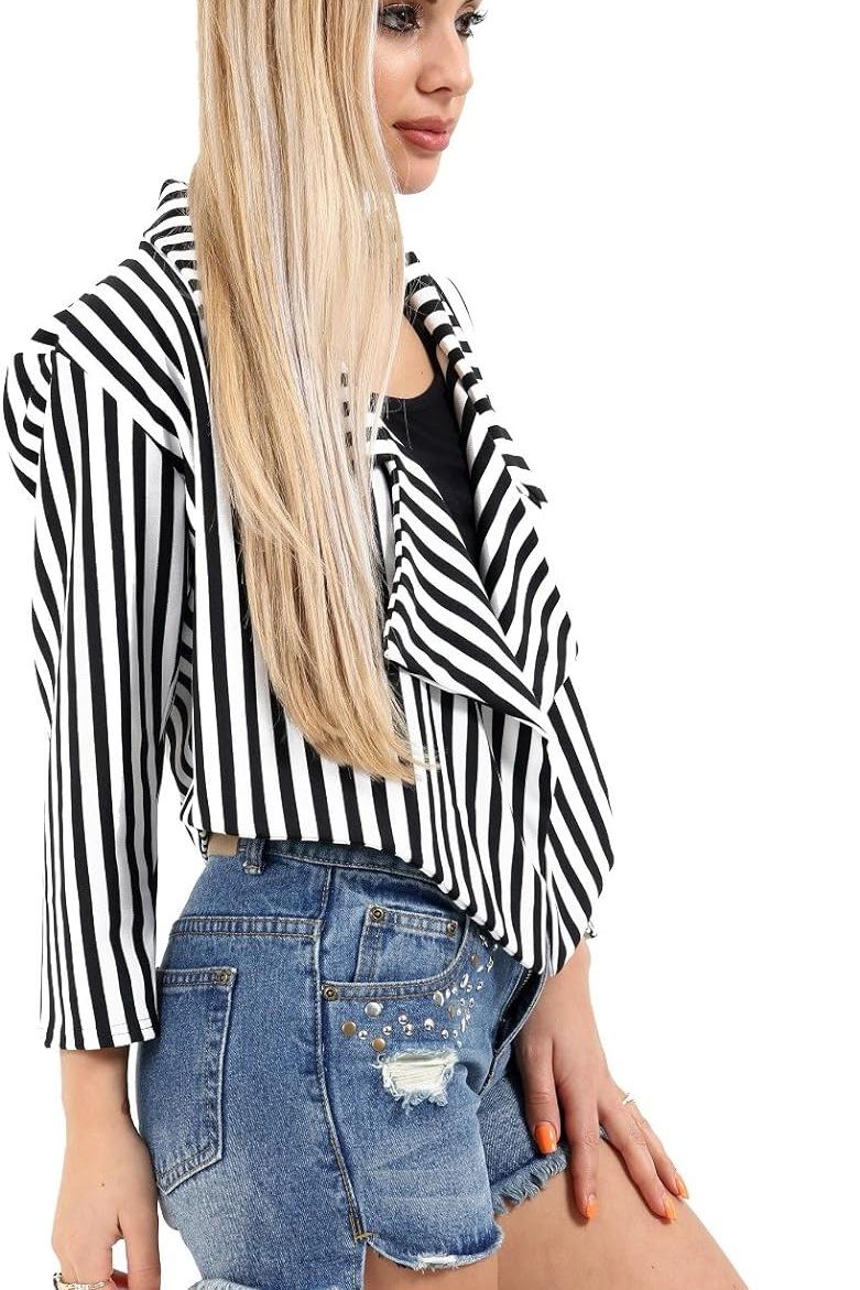 Black White Plus Size Cropped Waterfall Blazer Striped Print For Women 20-22 - Dropwear