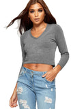 Khaki V Neck Long Sleeve Crop Top For Women 12-14 - Dropwear