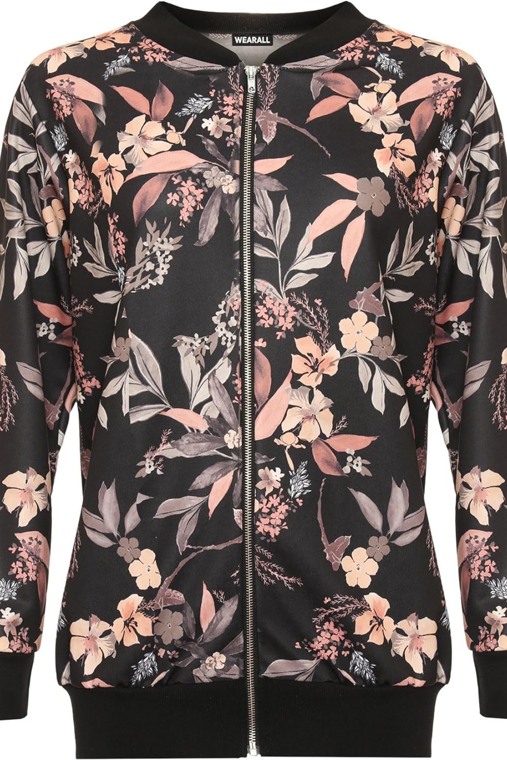 Black Floral Leaf Bomber Jacket Print For Women 22-24 - Dropwear