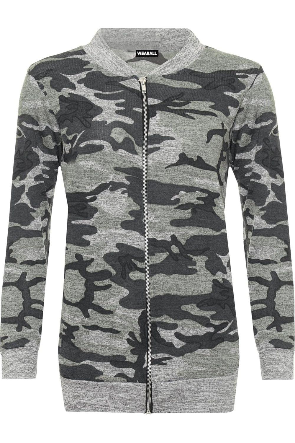 Green Knitted Camouflage Print Bomber Jacket Top For Women 16 - Dropwear
