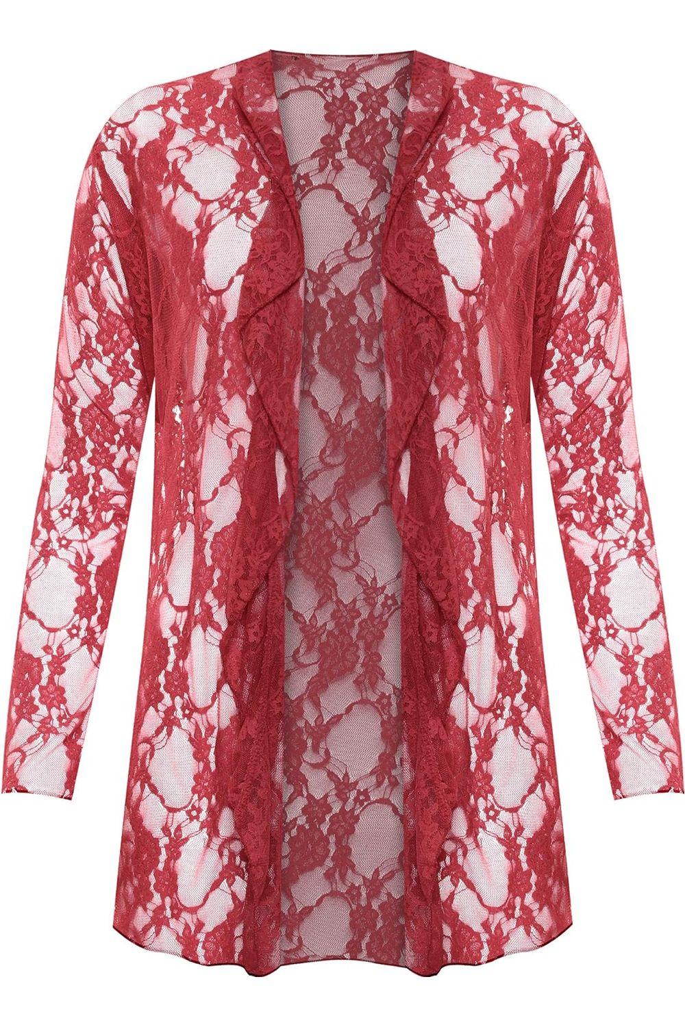 Red Floral Lace Open Cardigan Waterfall Top For Women 16 - Dropwear