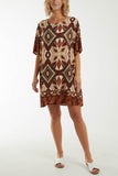 Chocolate Tribal Short Sleeve Mini Dress For Women ONE SIZE - Dropwear
