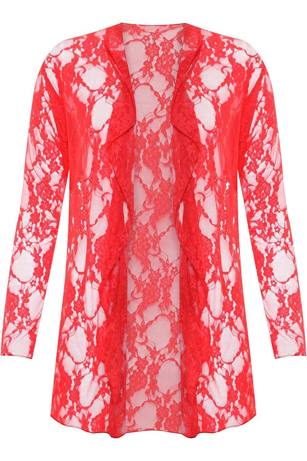 Red Floral Lace Open Cardigan Waterfall Top For Women 18 - Dropwear