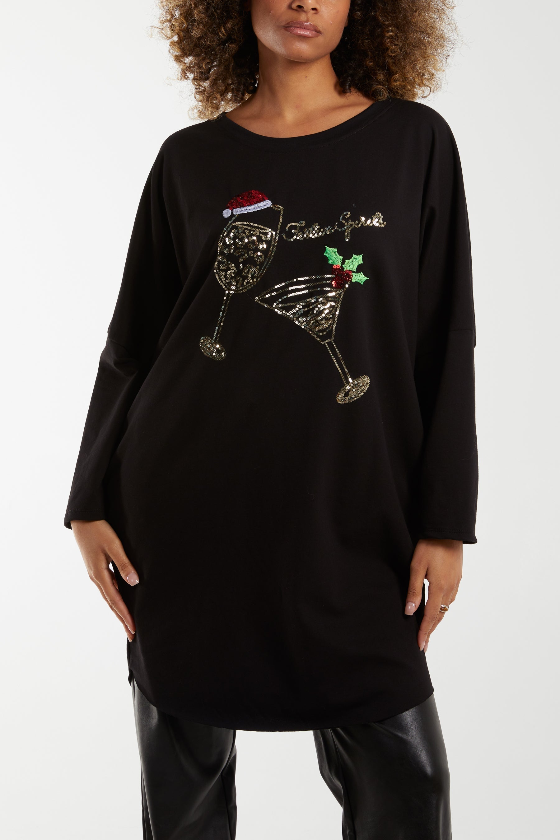 Black Sequin Festive Glasses Sweatshirt/Dress For Women ONE SIZE - Dropwear