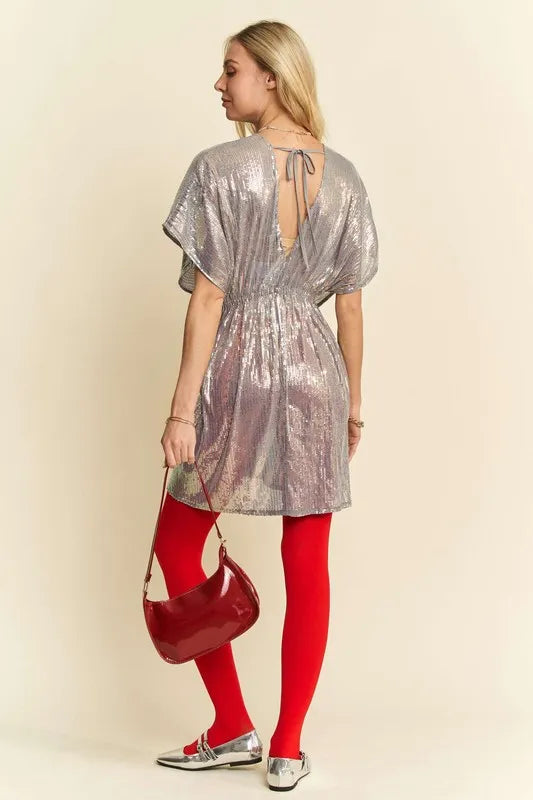 Davi & Dani Sequin Plunge Neck Knot Cut Out Tie Back Party Dress