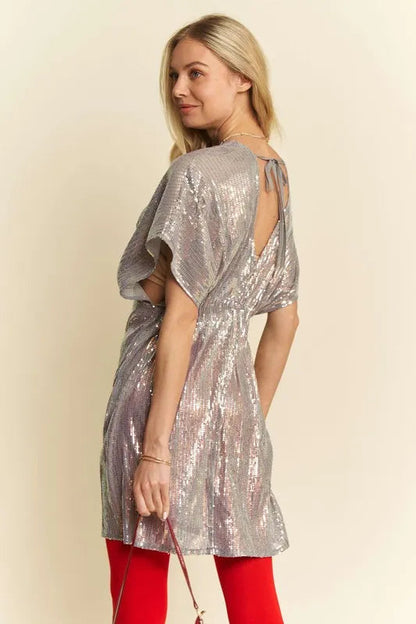 Davi & Dani Sequin Plunge Neck Knot Cut Out Tie Back Party Dress