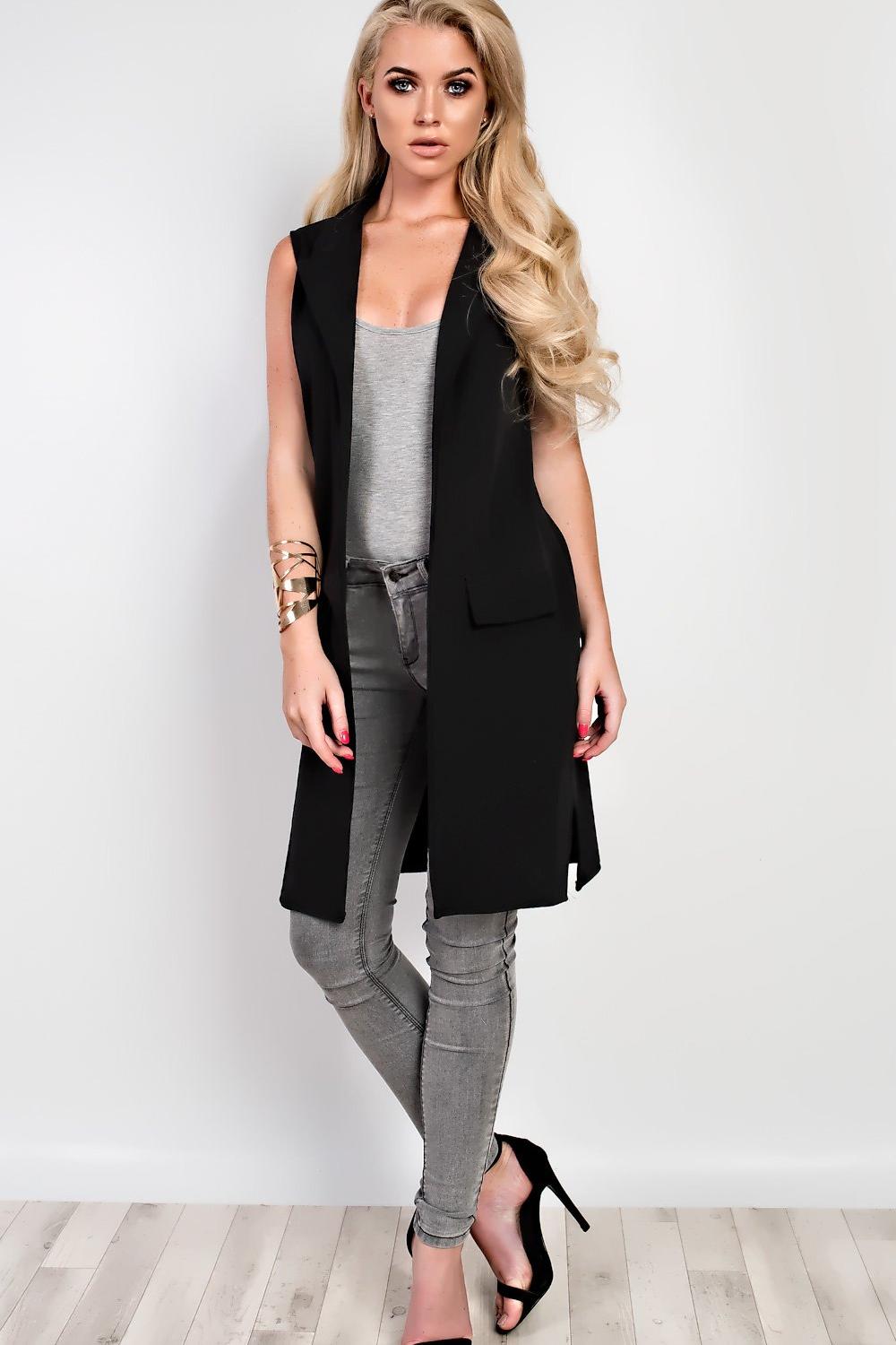 Black Plus Size Crepe Open Long Waistcoat Pocket Top For Women 20 - Dropwear