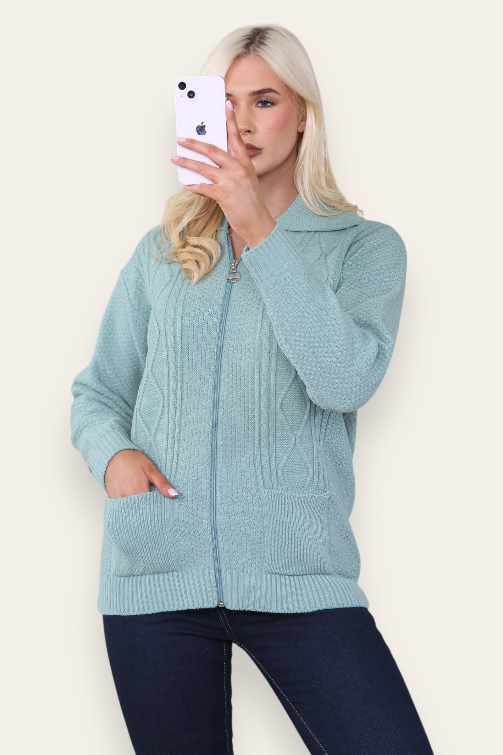 Cream Zip Up Long Sleeve Cardigan For Women 8-10 - Dropwear