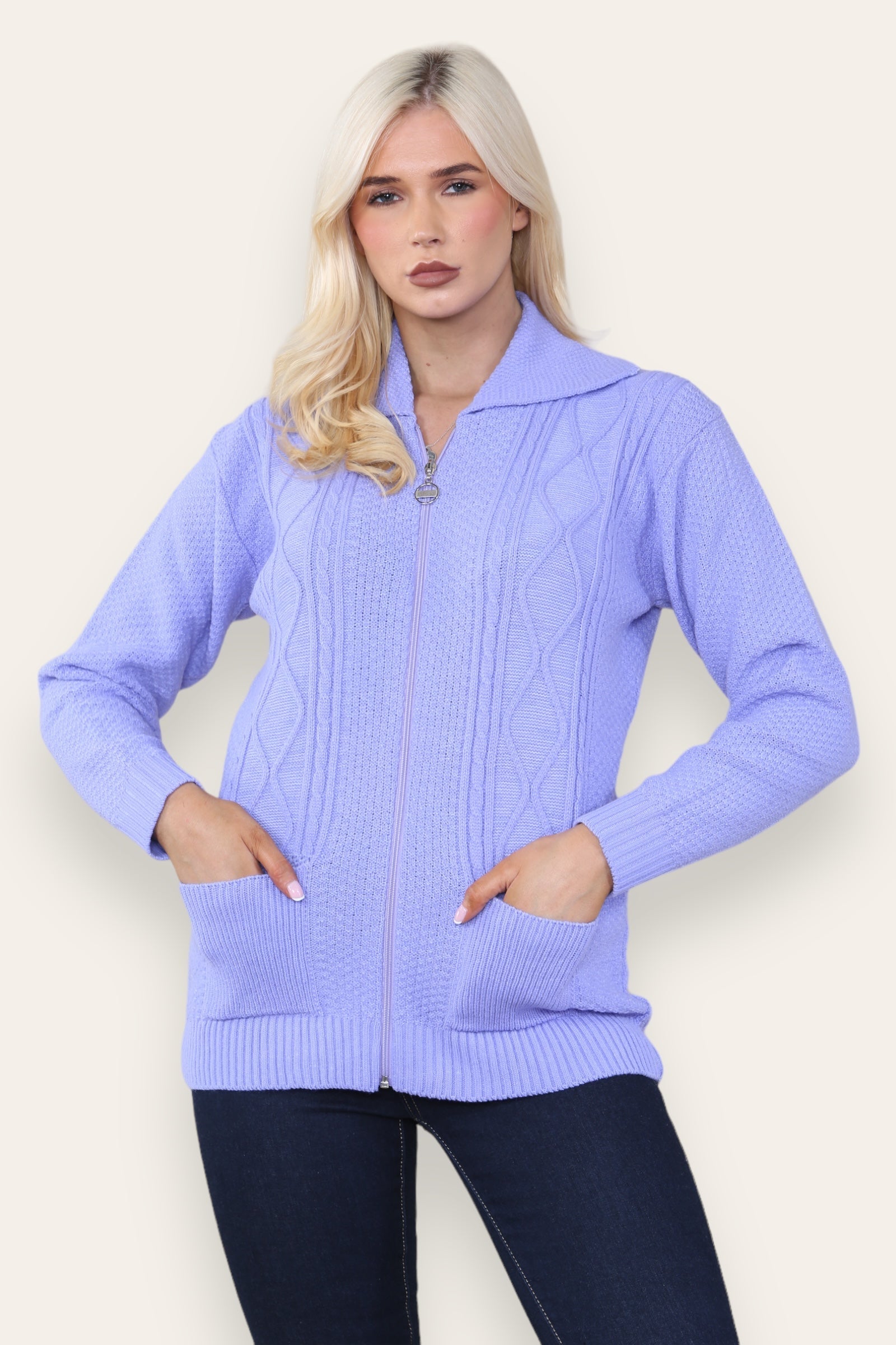 Cream Zip Up Long Sleeve Cardigan For Women 12-14 - Dropwear