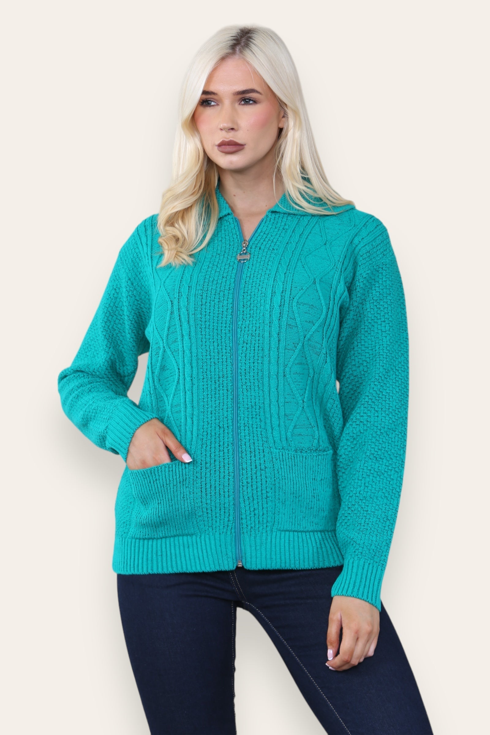 Dusty Green Zip Up Long Sleeve Cardigan For Women 20-22 - Dropwear
