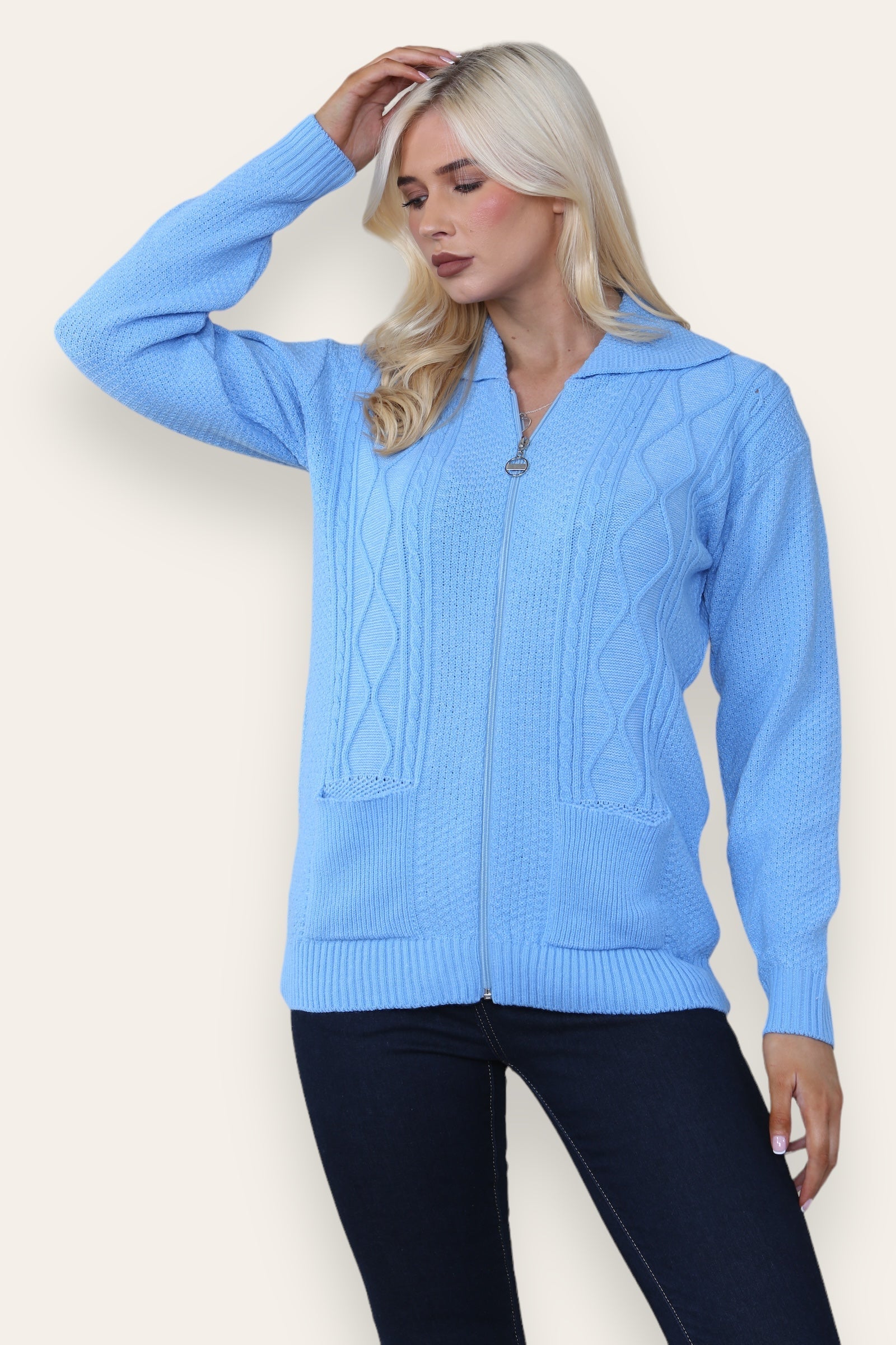 Sky Blue Zip Up Long Sleeve Cardigan For Women 8-10 - Dropwear