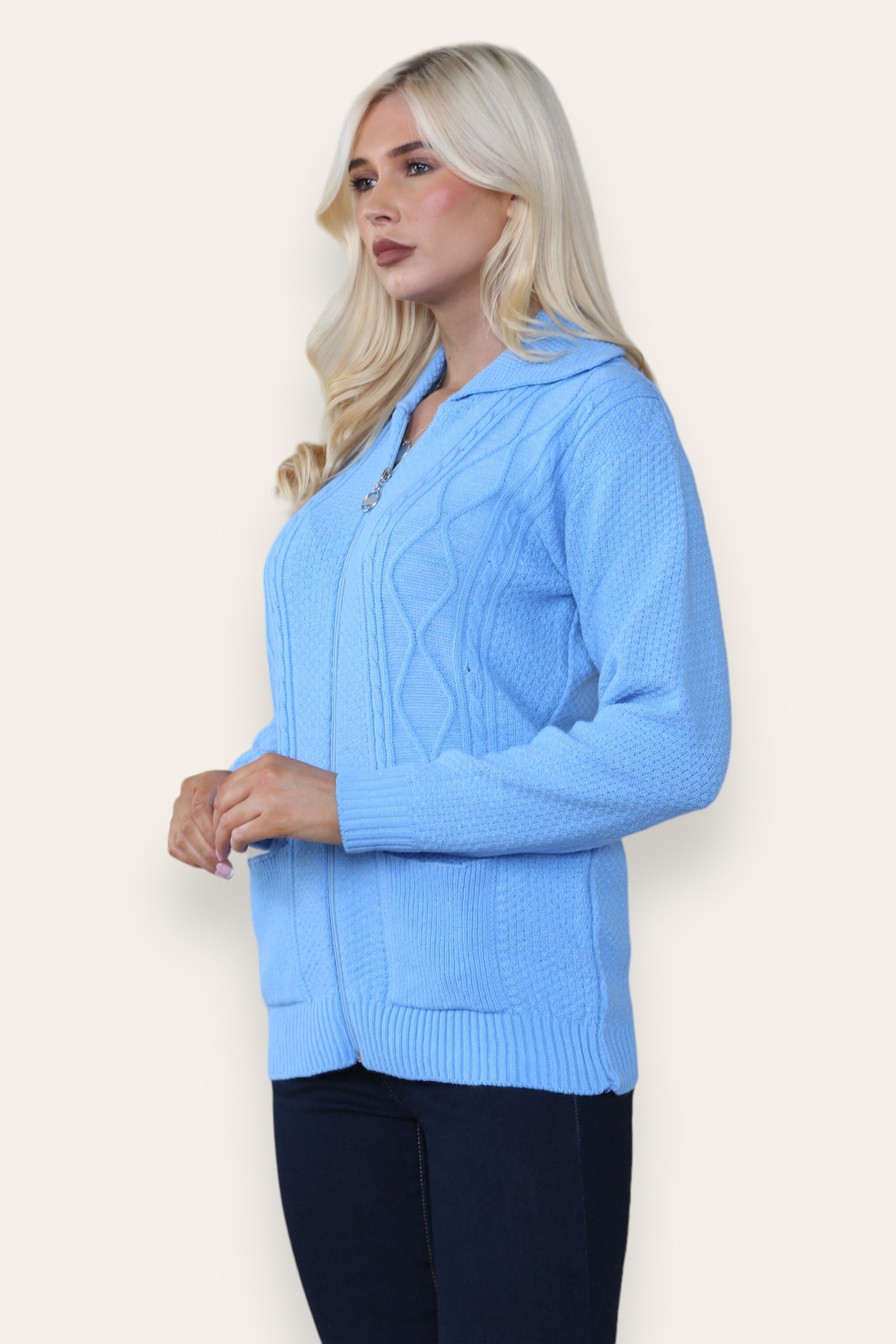 Sky Blue Zip Up Long Sleeve Cardigan For Women 12-14 - Dropwear