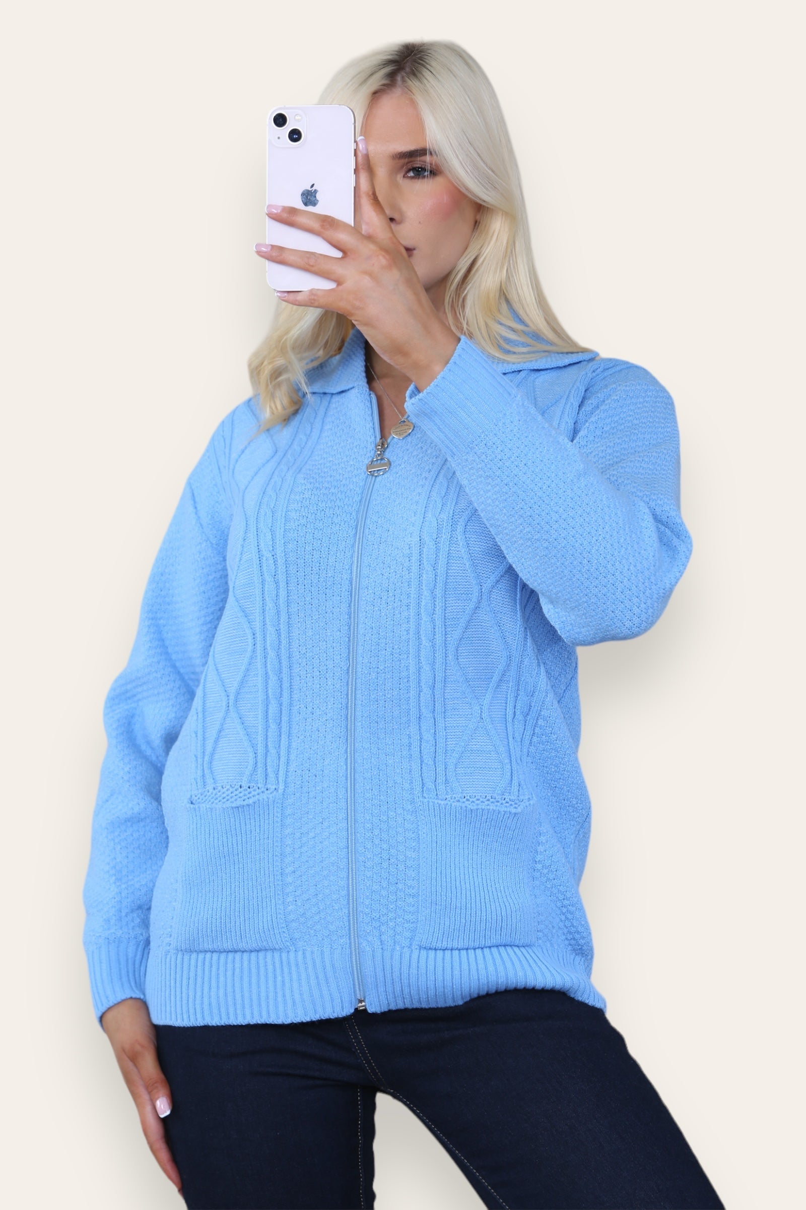 Sky Blue Zip Up Long Sleeve Cardigan For Women 20-22 - Dropwear