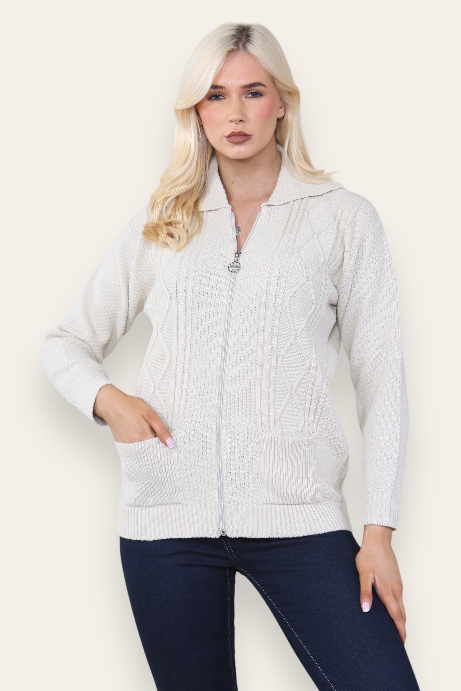 Silver Grey Zip Up Long Sleeve Cardigan For Women 8-10 - Dropwear